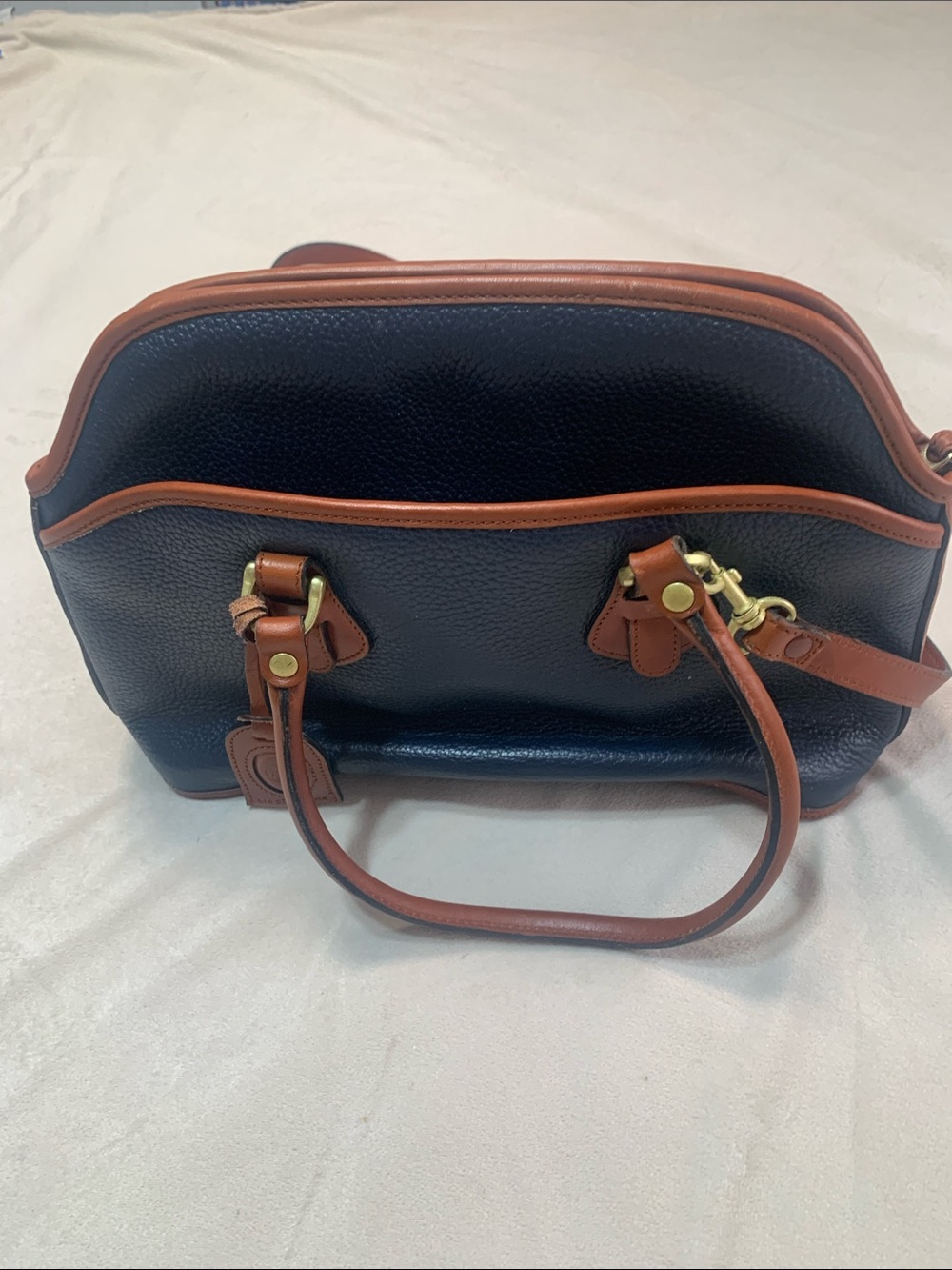 Liz Claiborne Navy and Tan Pebbled Leather Satchel